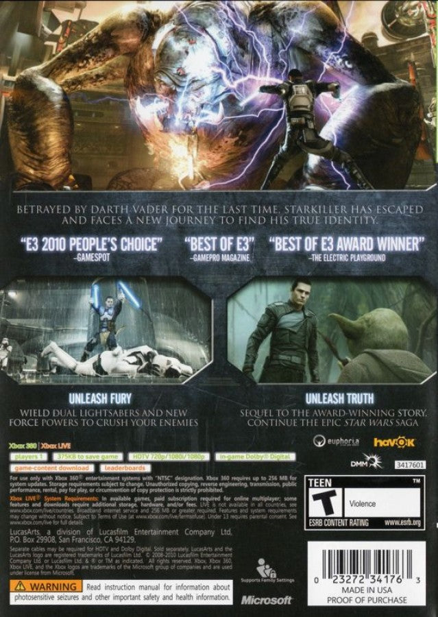 Star Wars: The Force Unleashed II back of case for Xbox 360 (X360) action-adventure sci-fi video game