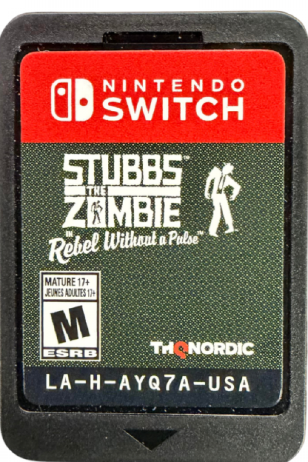 Stubbs the Zombie in Rebel Without a Pulse Nintendo Switch inspired design featuring dark comedy action adventure aesthetic quirky undead protagonist retro style city chaos zombie outbreak humor driven gameplay third person combat sandbox exploration presentation cartidge