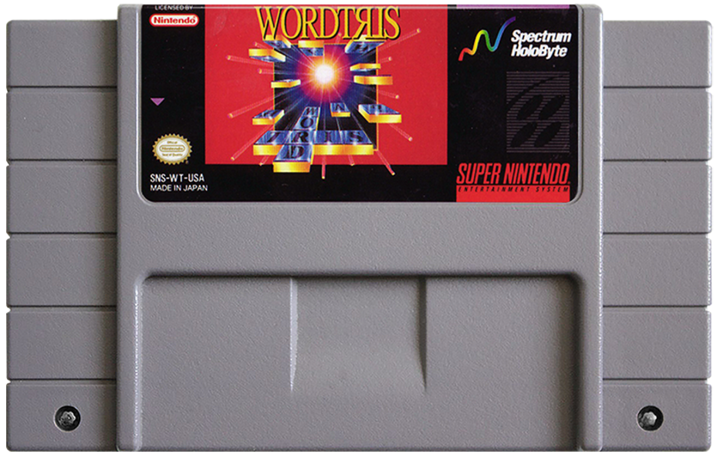 Wordtris for Super Nintendo Entertainment System with word-forming puzzle gameplay theme cartridge