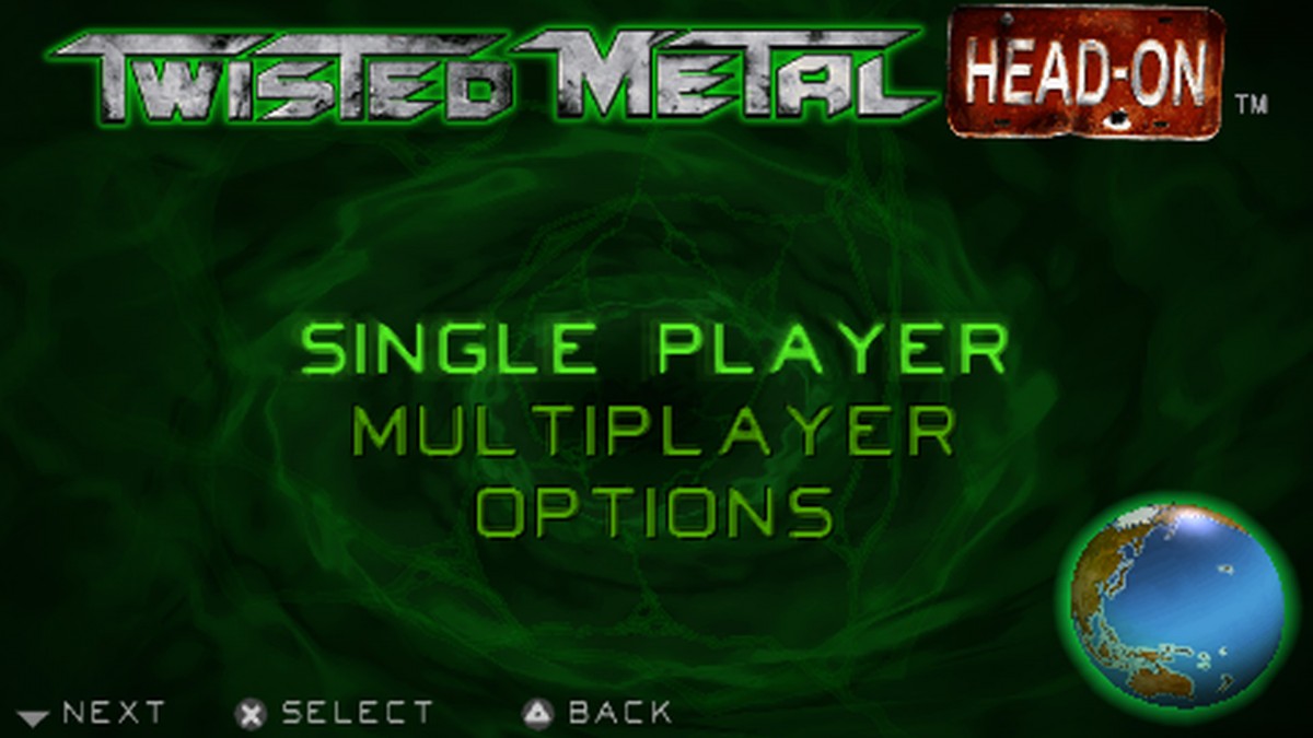 Twisted Metal: Head On – menu page for PlayStation Portable (PSP) vehicular combat game
