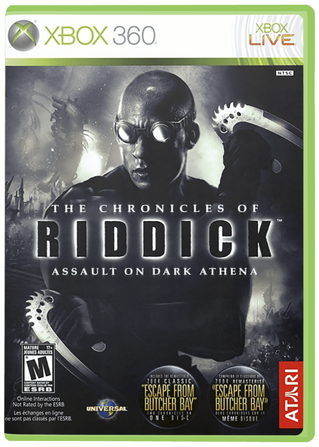 The Chronicles of Riddick: Assault on Dark Athena cover art for Xbox 360 (X360) sci-fi first-person shooter action video game