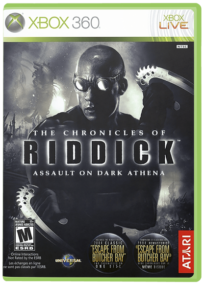 The Chronicles of Riddick: Assault on Dark Athena cover art for Xbox 360 (X360) sci-fi first-person shooter action video game