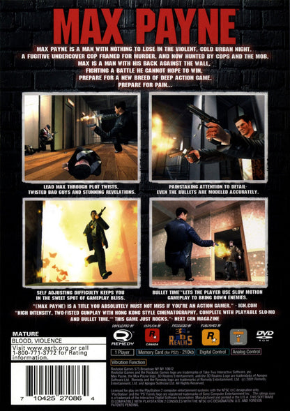 Max Payne PS2 Sony PlayStation 2 third person shooter noir action game bullet time slow motion combat gritty crime story revenge narrative Remedy Entertainment cinematic gameplay noir atmosphere retro gaming PlayStation 2 software video game title back cover art