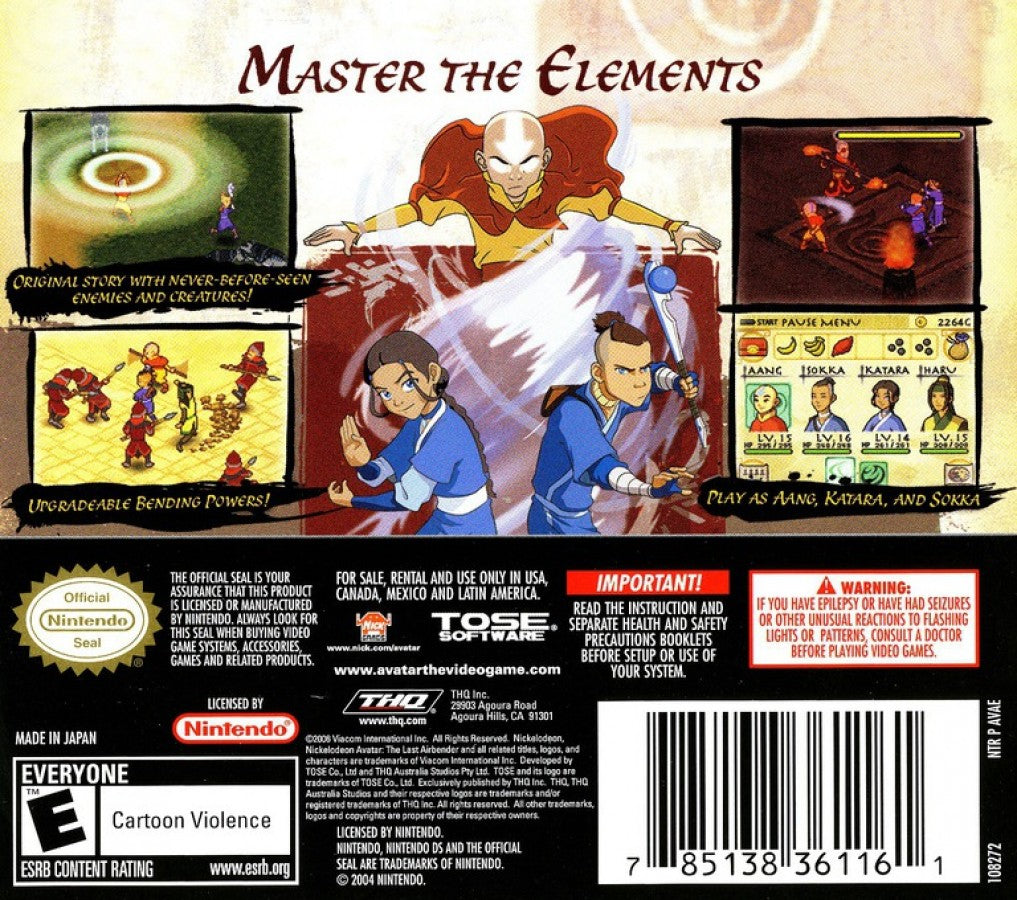 Avatar: The Last Airbender for Nintendo DS action adventure video game featuring elemental bending combat, story driven missions based on the animated series, puzzle solving, and stylus based handheld gameplay experience back cover