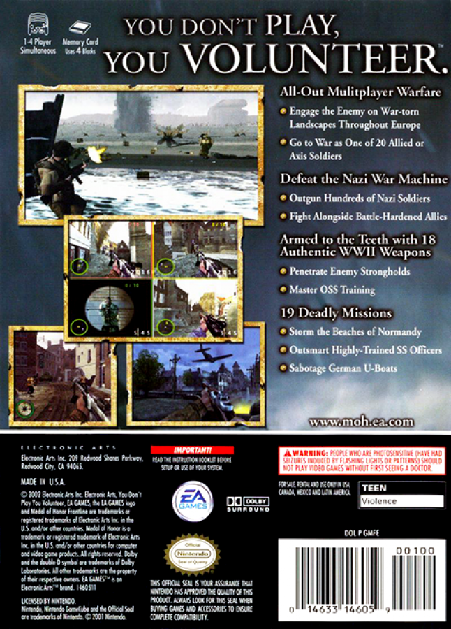 Medal of Honor: Frontline back of case for GameCube (GC) World War II first-person shooter video game