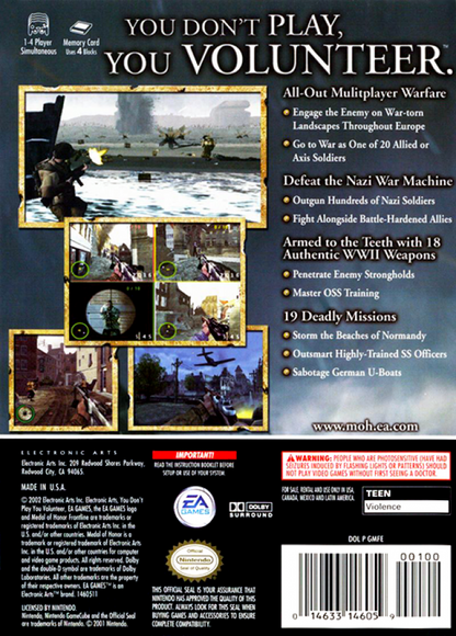 Medal of Honor: Frontline back of case for GameCube (GC) World War II first-person shooter video game
