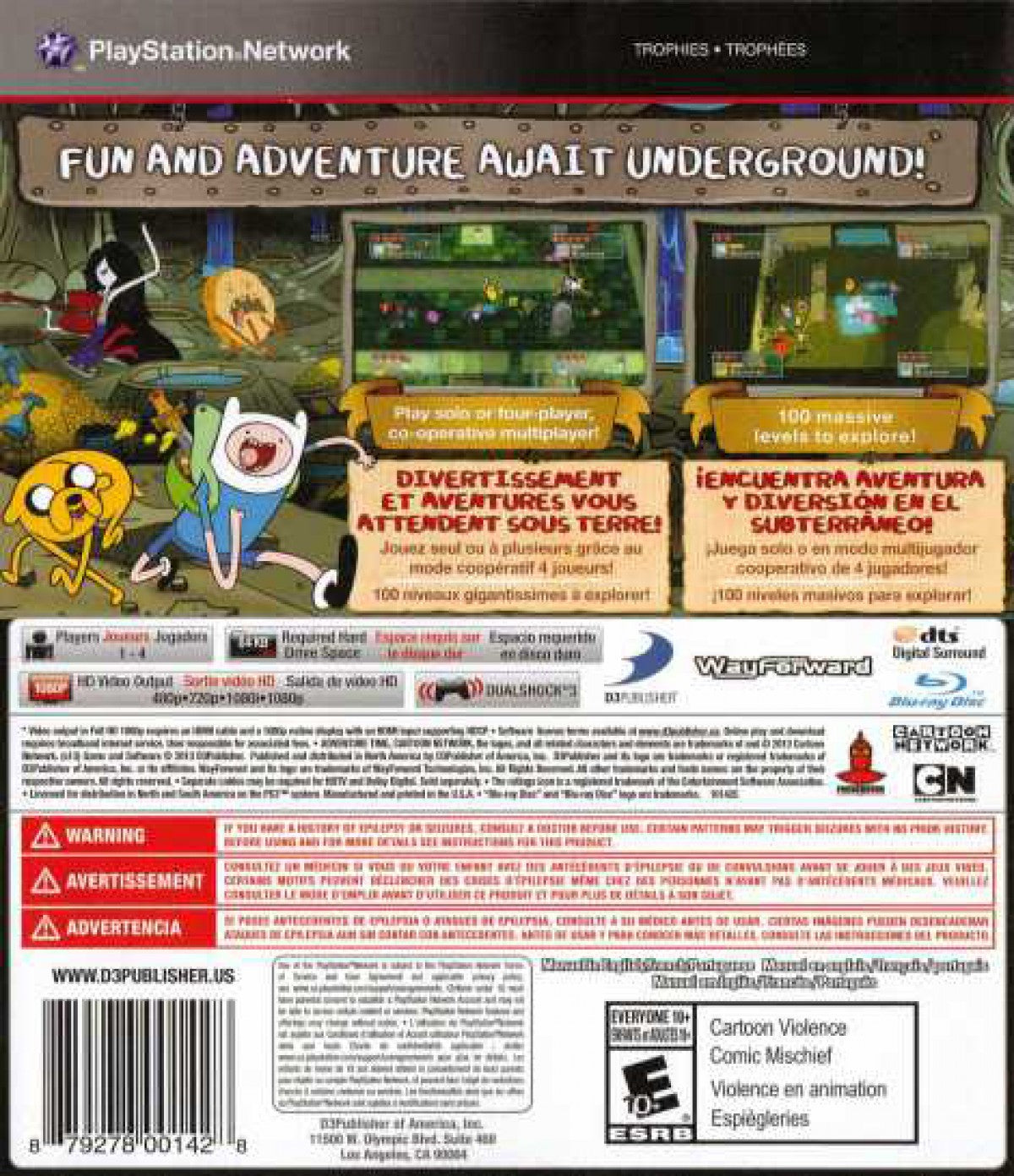 Adventure Time: Explore the Dungeon Because I Don't Know back cover art for PlayStation 3 (PS3) video game.