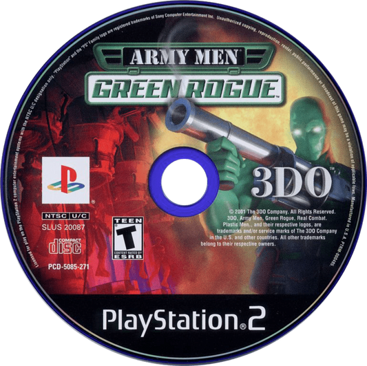 Army Men Green Rogue PS2 game for PlayStation 2 featuring run-and-gun arcade shooter action disc