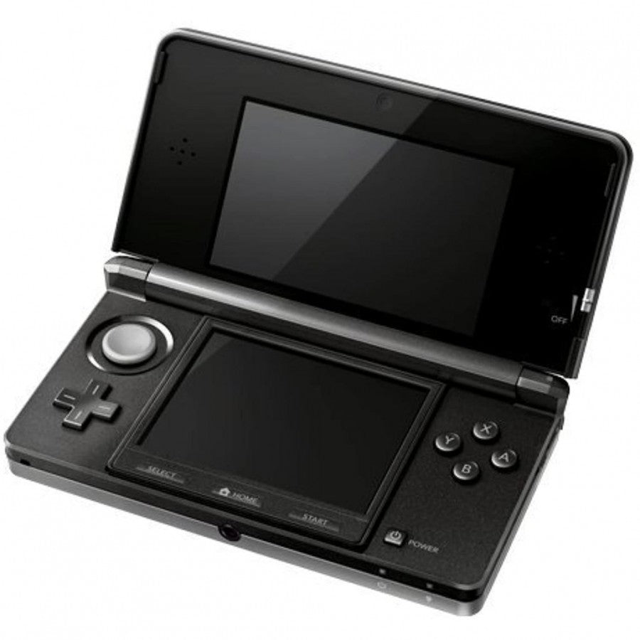 Nintendo 3DS Cosmo Black inspired design featuring sleek handheld gaming console aesthetic glossy black finish dual screen portable gameplay glasses free 3D technology iconic Nintendo hardware immersive gaming experience presentation open angle 