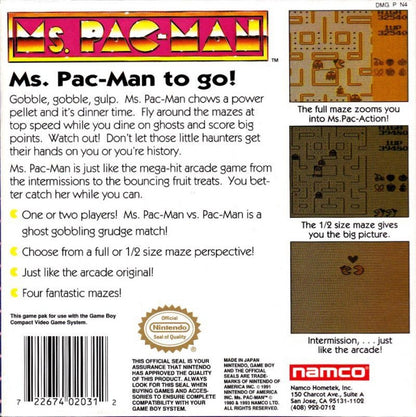 Ms. Pac-Man [Missing Manuals/Inserts] for Game Boy (GB) at Gamers INC, featuring the timeless arcade classic in a portable format with challenging mazes, four distinct ghosts, and the iconic power pellet-chomping gameplay you love, offering a pure retro experience for collectors and casual players despite the missing documentation back cover