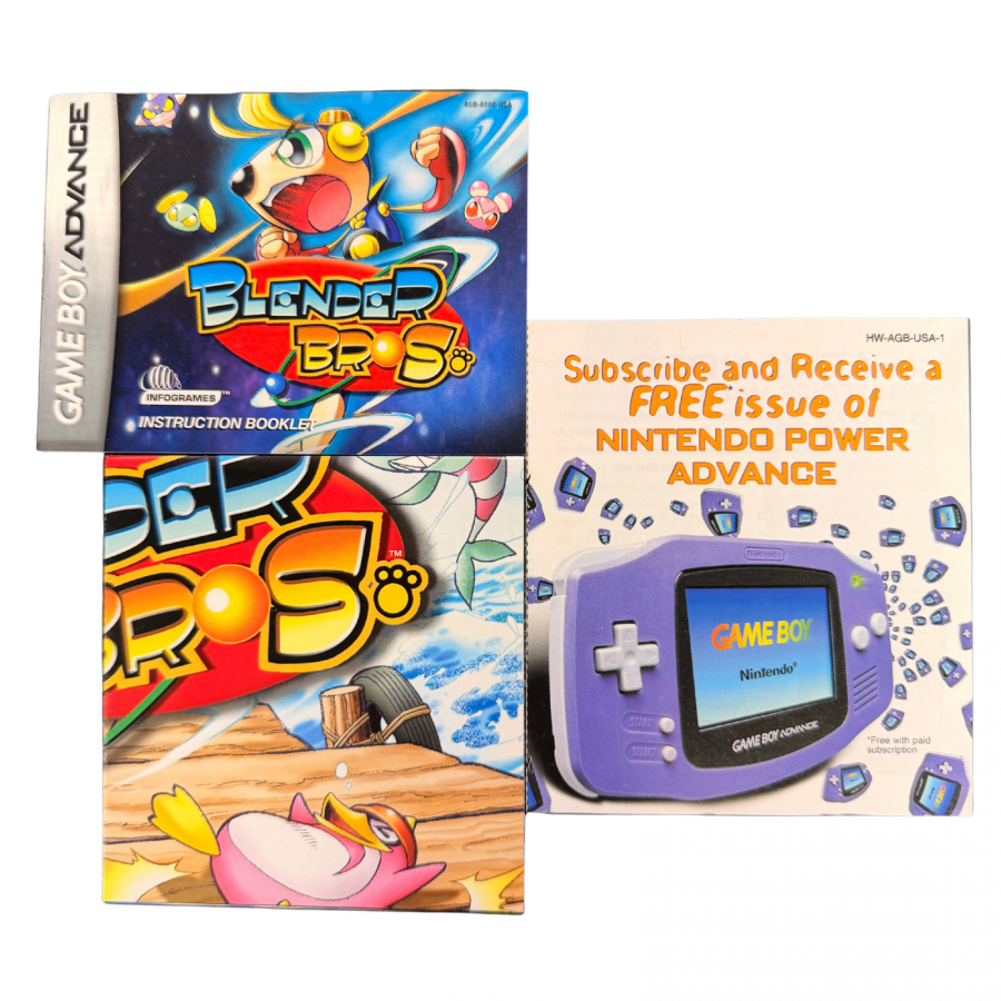 Blender Bros Game Boy Advance GBA video game featuring platforming action gameplay colorful levels enemy encounters puzzle solving power based attacks character adventure and classic handheld Nintendo action retro video game collection collectible gaming appeal manuals and inserts