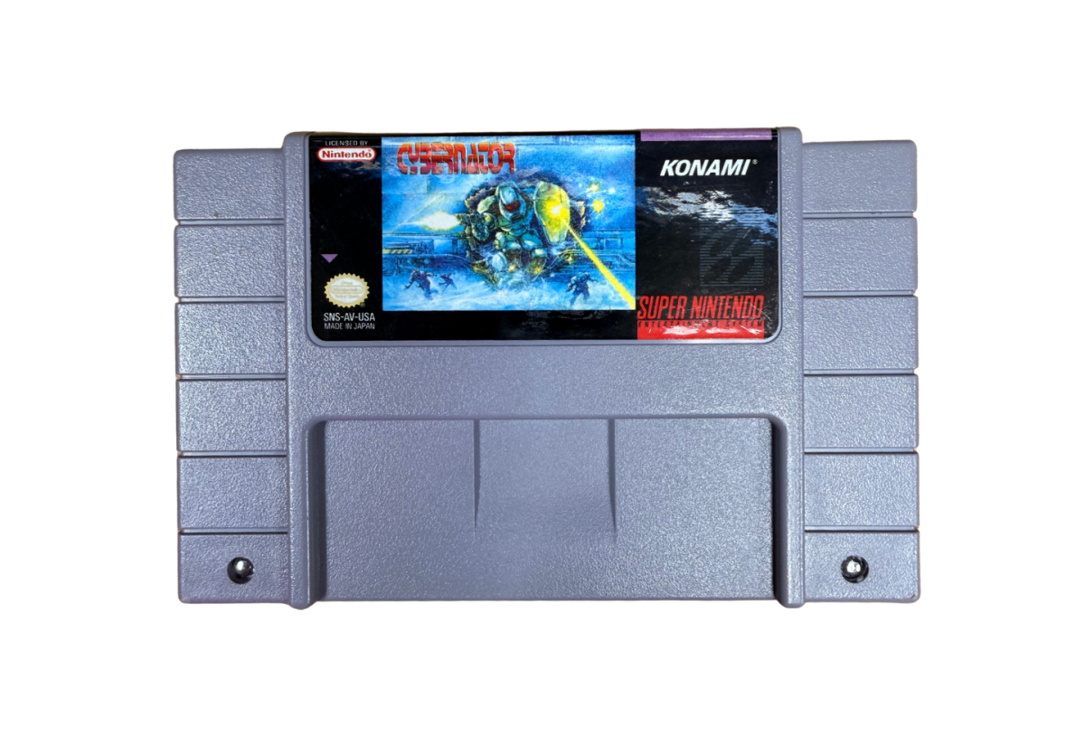 Cybernator Super Nintendo Entertainment System SNES action platformer video game featuring futuristic mech combat powerful weapons explosive battles enemy machines challenging stages science fiction environments and classic Super Nintendo Entertainment System SNES gameplay collectible retro gaming appeal front of cartridge