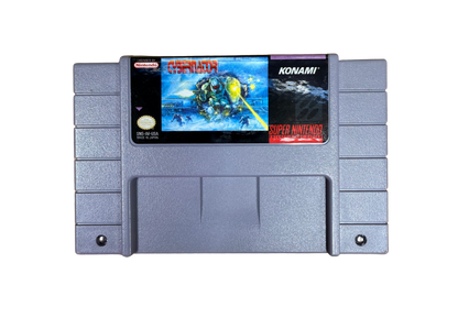 Cybernator Super Nintendo Entertainment System SNES action platformer video game featuring futuristic mech combat powerful weapons explosive battles enemy machines challenging stages science fiction environments and classic Super Nintendo Entertainment System SNES gameplay collectible retro gaming appeal front of cartridge