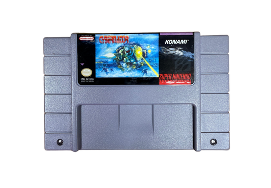 Cybernator Super Nintendo Entertainment System SNES action platformer video game featuring futuristic mech combat powerful weapons explosive battles enemy machines challenging stages science fiction environments and classic Super Nintendo Entertainment System SNES gameplay collectible retro gaming appeal front of cartridge