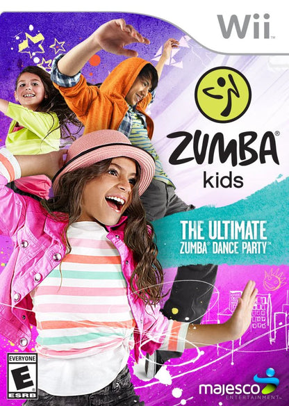 Zumba Kids cover art for Nintendo Wii (Wii) featuring energetic dance fitness routines for children with colorful visuals and fun multiplayer party gameplay.