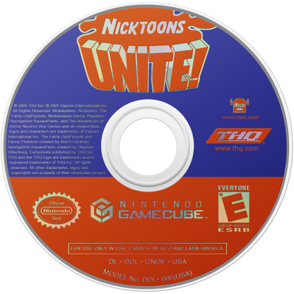 Nicktoons Unite Nintendo GameCube GC video game featuring crossover action adventure gameplay with SpongeBob SquarePants Danny Phantom Jimmy Neutron and Timmy Turner colorful Nickelodeon characters cooperative gameplay puzzle solving combat challenges retro video game Nintendo GameCube collection collectible gaming appeal game disc
