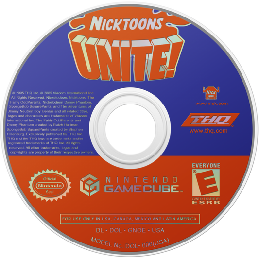 Nicktoons Unite Nintendo GameCube GC video game featuring crossover action adventure gameplay with SpongeBob SquarePants Danny Phantom Jimmy Neutron and Timmy Turner colorful Nickelodeon characters cooperative gameplay puzzle solving combat challenges retro video game Nintendo GameCube collection collectible gaming appeal game disc