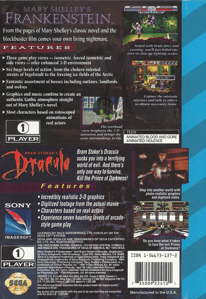 Mary Shelley’s Frankenstein and Bram Stoker’s Dracula Sega CD dual movie tie in collection interactive cinematic FMV adventure games gothic horror storytelling puzzle solving platforming action based on classic literature and film adaptations retro gaming Sega CD software video game title back cover art