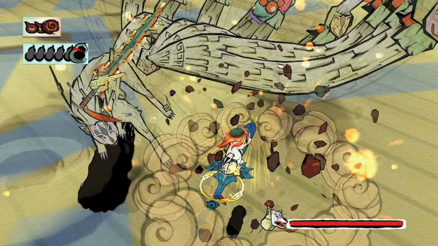 Ōkami HD Nintendo Switch inspired design featuring mythological action adventure aesthetic Japanese ink wash art style divine wolf protagonist celestial brush magic puzzle solving exploration and boss battles flowing watercolor inspired world presentation gameplay