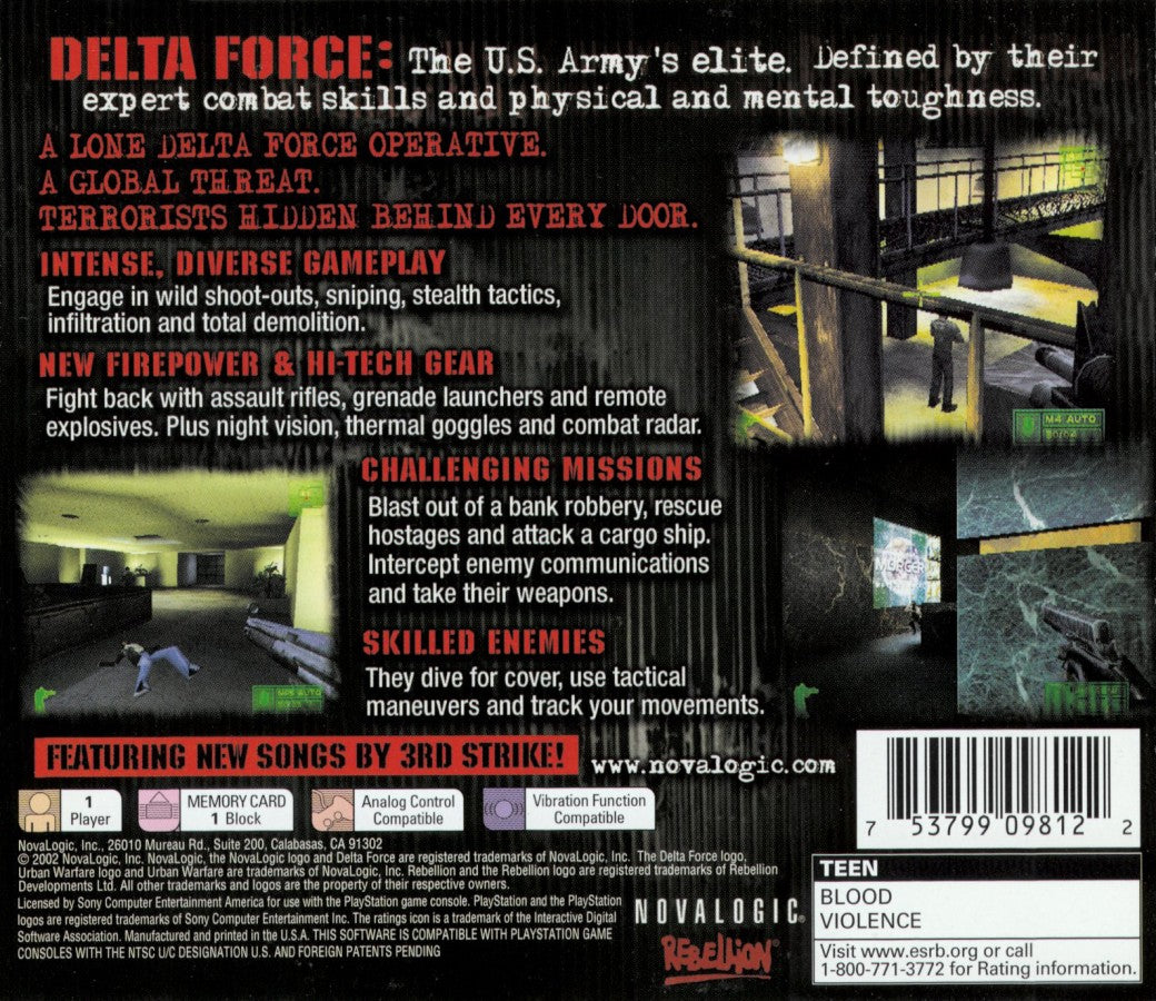 Delta Force: Urban Warfare PlayStation 1 PS1 for tactical first person shooter retro video game fans featuring military special forces missions urban combat realistic weapons stealth tactics squad based action multiplayer gameplay collectible gaming appeal back of cover