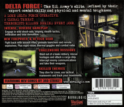 Delta Force: Urban Warfare PlayStation 1 PS1 for tactical first person shooter retro video game fans featuring military special forces missions urban combat realistic weapons stealth tactics squad based action multiplayer gameplay collectible gaming appeal back of cover