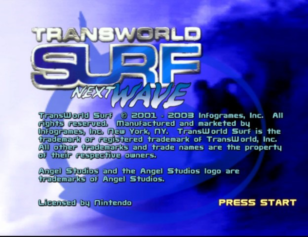 Transworld Surf: Next Wave start screen for Nintendo GameCube (GC) surfing sports video game