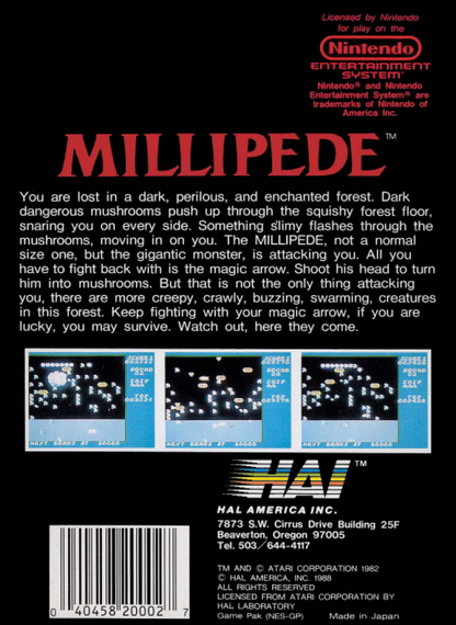 Millipede back of box for Nintendo Entertainment System (NES) retro video game