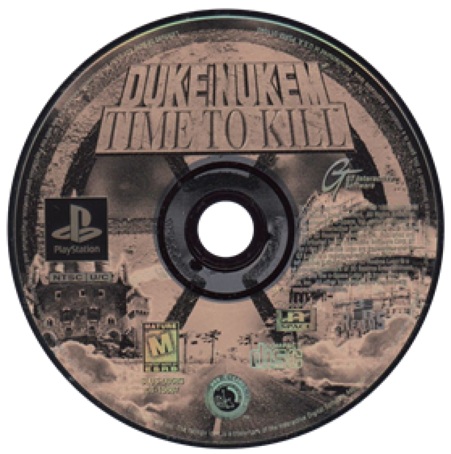 Duke Nukem Time to Kill PlayStation PS1 for third person shooter video game fans featuring Duke Nukem action combat time travel gameplay alien enemies explosive weapons platforming challenges futuristic environments and classic retro PlayStation gaming collectible appeal disc