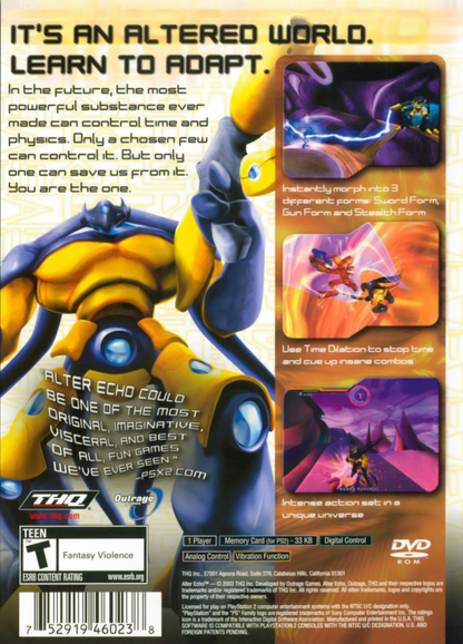 Alter Echo for PlayStation 2 (PS2) featuring a sci fi action adventure where you switch between three bio suit forms to solve puzzles and fight enemies; use fast melee and ranged combat explore alien environments and adapt your abilities to overcome challenges on PS2 back cover