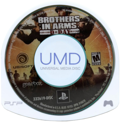 Brothers in Arms D-Day for PlayStation Portable, disc for a tactical first-person shooter video game with World War II combat, squad-based gameplay, mission objectives, and military strategy