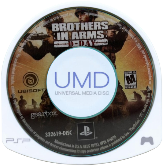 Brothers in Arms D-Day for PlayStation Portable, disc for a tactical first-person shooter video game with World War II combat, squad-based gameplay, mission objectives, and military strategy