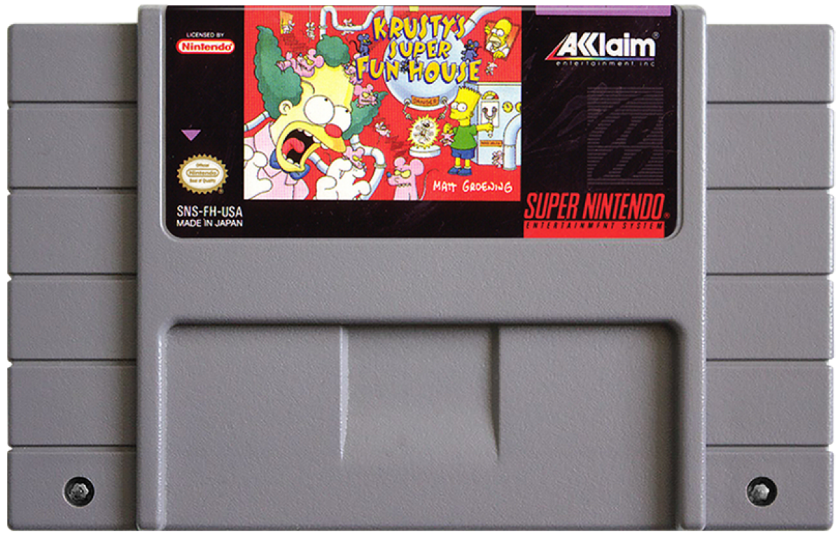 Krustys Super Fun House Super Nintendo Entertainment System SNES puzzle platformer video game Krusty the Clown The Simpsons license pest control maze building Acclaim cartoon license mice traps pie factory cartridge
