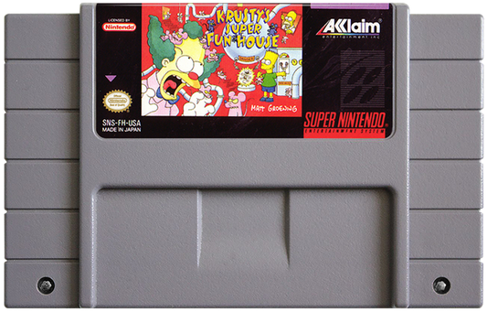 Krustys Super Fun House Super Nintendo Entertainment System SNES puzzle platformer video game Krusty the Clown The Simpsons license pest control maze building Acclaim cartoon license mice traps pie factory cartridge