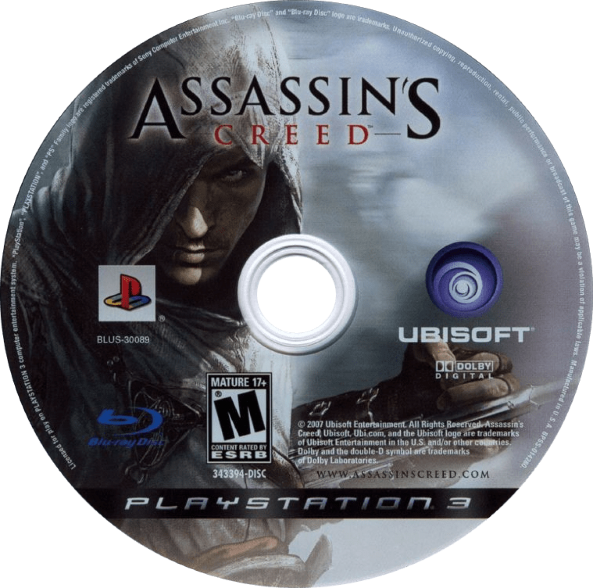 Assassin's Creed disc cover art for PlayStation 3 video game. 