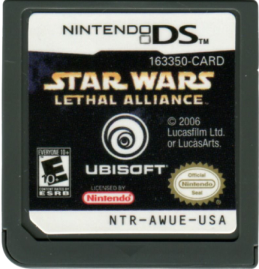 Star Wars Lethal Alliance for Nintendo DS (DS), cartridge for a retro video game featuring action-adventure gameplay, blaster combat, stealth mechanics, character-based missions, and sci-fi story-driven battles