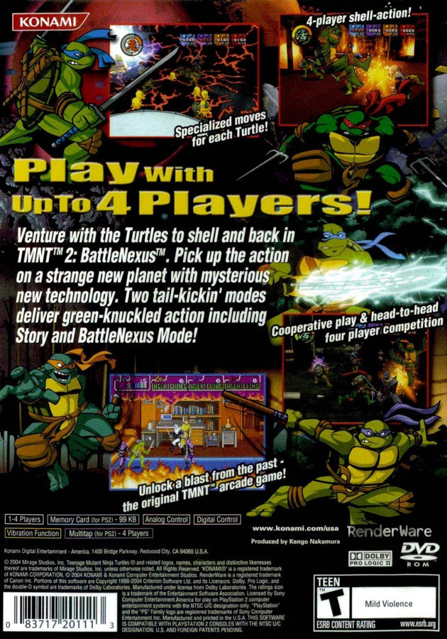 Teenage Mutant Ninja Turtles 2: Battle Nexus – PlayStation 2 (PS2) video game back of case, action beat 'em up.