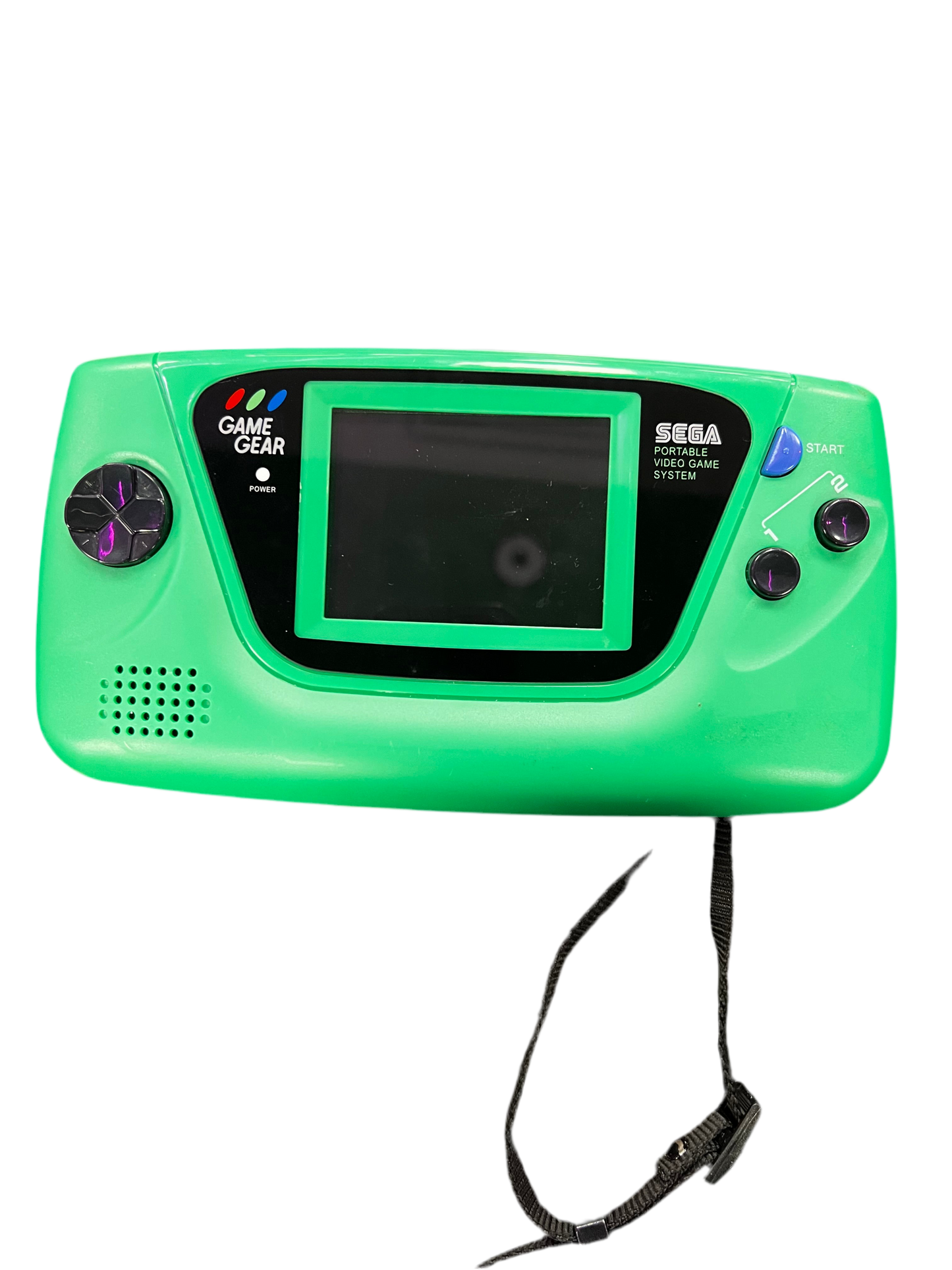Front view of a custom Sega Game Gear handheld console with green shell and IPS backlit screen