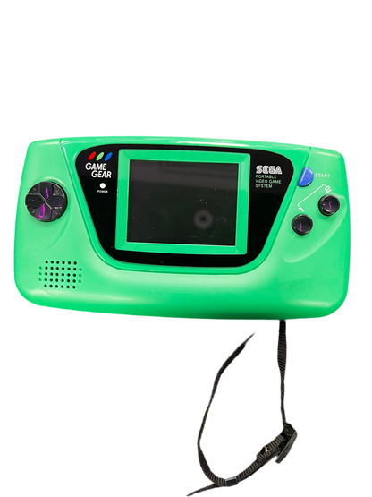 Front view of a custom Sega Game Gear handheld console with green shell and IPS backlit screen