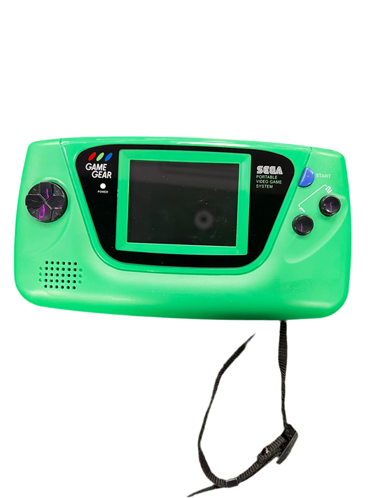 Front view of a custom Sega Game Gear handheld console with green shell and IPS backlit screen