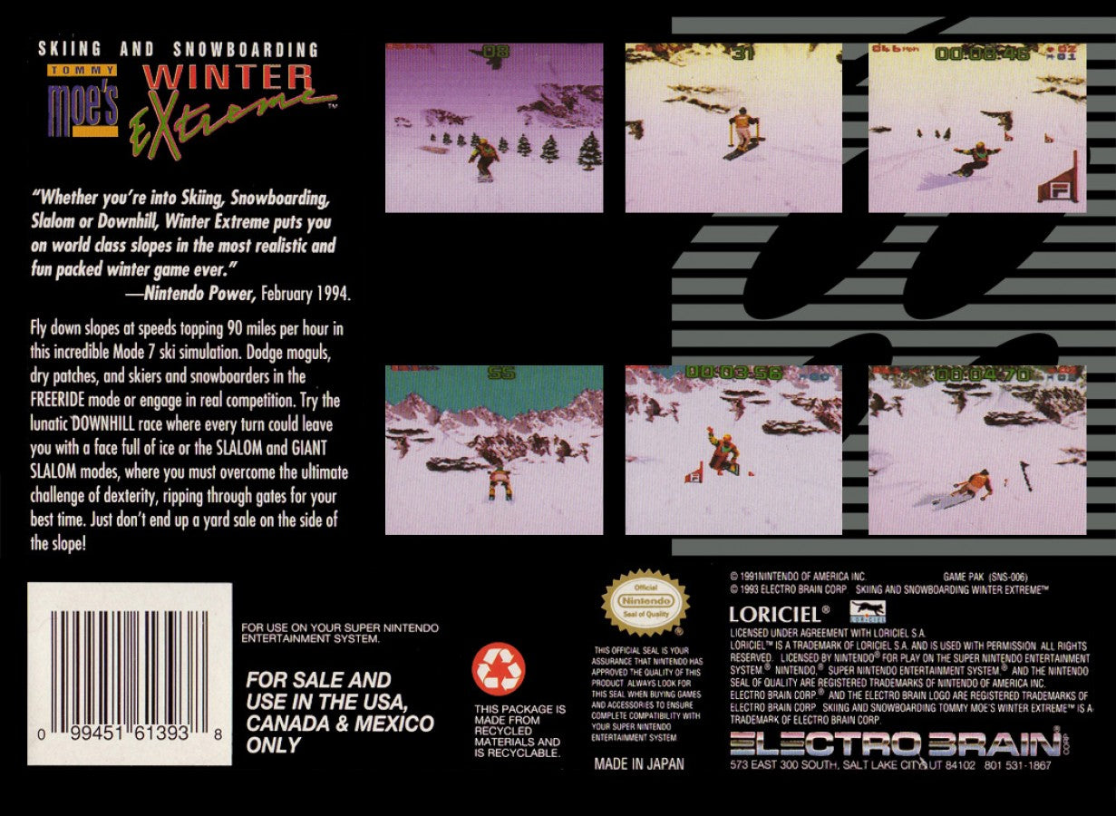 Skiing & Snowboarding Tommy Moe's Winter Extreme Super Nintendo Entertainment System SNES for winter sports video game fans featuring downhill skiing snowboarding freestyle events slalom giant slalom mountain courses high speed racing obstacles and classic Super Nintendo gameplay collectible retro gaming appeal back cover art