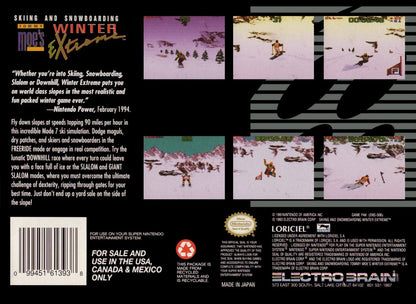 Skiing & Snowboarding Tommy Moe's Winter Extreme Super Nintendo Entertainment System SNES for winter sports video game fans featuring downhill skiing snowboarding freestyle events slalom giant slalom mountain courses high speed racing obstacles and classic Super Nintendo gameplay collectible retro gaming appeal back cover art
