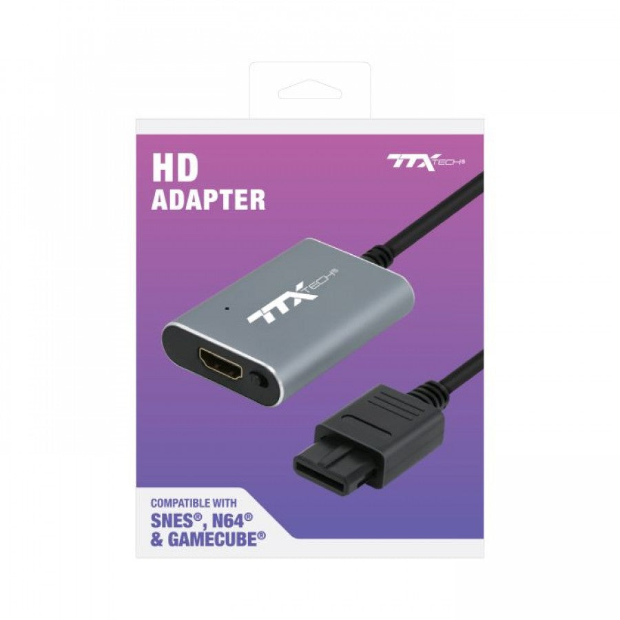AV to HD Adapter for SNES N64 and Nintendo GameCube GC accessory featuring HDMI output support modern HDTV compatibility plug and play setup improved video display compact design easy connection for classic Nintendo consoles and convenient retro gaming setup upgrade collectible gaming accessory appeal