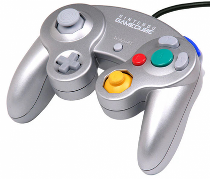 GameCube Platinum Controller Nintendo GameCube official silver platinum wired controller analog stick rumble support classic ergonomic design retro gaming accessory Nintendo controller gamepad angle view