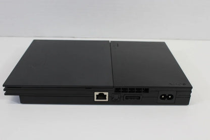 Retro PS2 Slim SCPH 90000 inspired design featuring sleek PlayStation 2 hardware aesthetic compact black console design iconic Sony gaming system integrated power supply streamlined form factor sixth generation gaming nostalgia presentation top rear