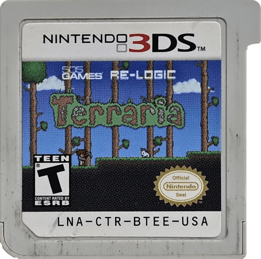 Terraria Nintendo 3DS for video game enthusiasts featuring sandbox adventure gameplay crafting resource gathering exploration building survival action procedurally generated worlds boss battles and collectible gaming appeal cartridge