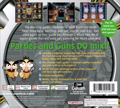Point Blank 3 PS1 Sony PlayStation light gun shooter arcade style mini games fast paced target shooting Namco GunCon compatible party game reflex challenge classic arcade shooter PlayStation 1 software video game title back cover art