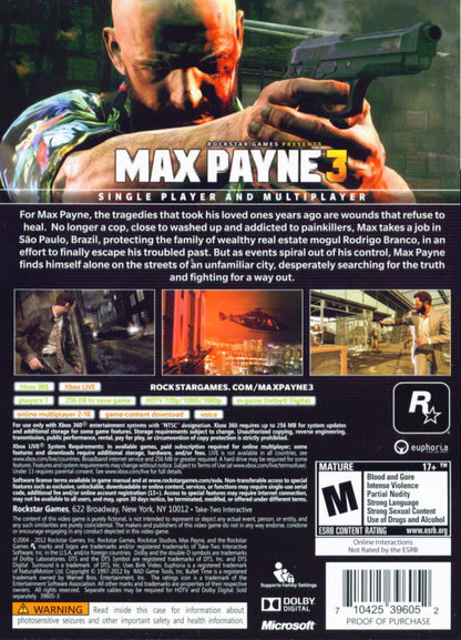 Max Payne 3 Xbox 360 third-person cinematic shooter video game featuring Bullet Time physics Max Payne in São Paulo Brazil bodyguard narrative cover shooting and multiplayer gang wars developed by Rockstar Games back cover