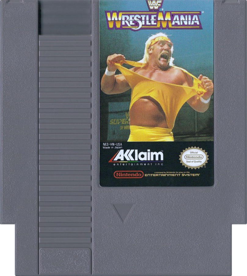 WWF WrestleMania Nintendo Entertainment System NES video game featuring professional wrestling gameplay WWF superstars wrestling matches signature moves grappling attacks competitive bouts arena action and classic 8 bit Nintendo sports entertainment gameplay retro video game collection collectible gaming appeal game cartridge