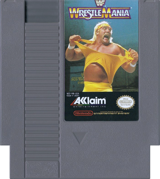 WWF WrestleMania Nintendo Entertainment System NES video game featuring professional wrestling gameplay WWF superstars wrestling matches signature moves grappling attacks competitive bouts arena action and classic 8 bit Nintendo sports entertainment gameplay retro video game collection collectible gaming appeal game cartridge