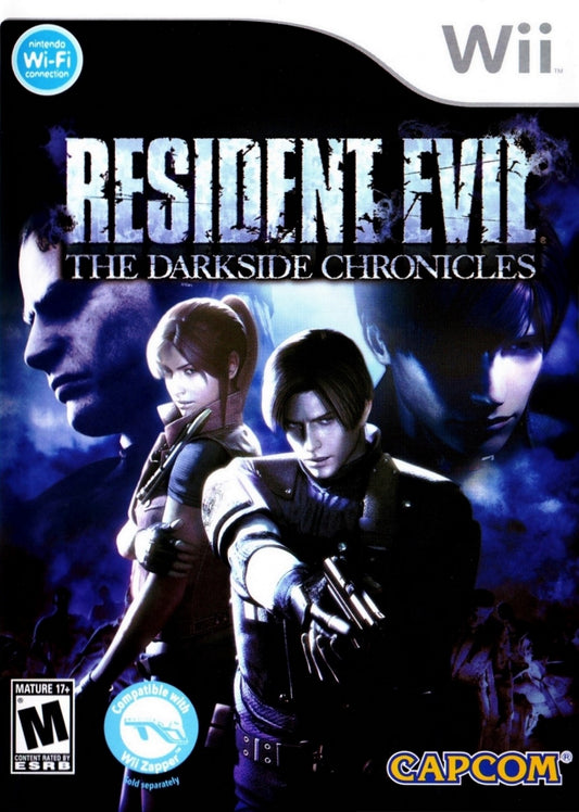 Resident Evil The Darkside Chronicles Nintendo Wii light gun shooter rail shooter on-rails game Resident Evil series Capcom Operation Javier scenario Leon Kennedy Krauser Claire Redfield Umbrella chronicles zombie outbreak motion controls shooting gallery style front cover